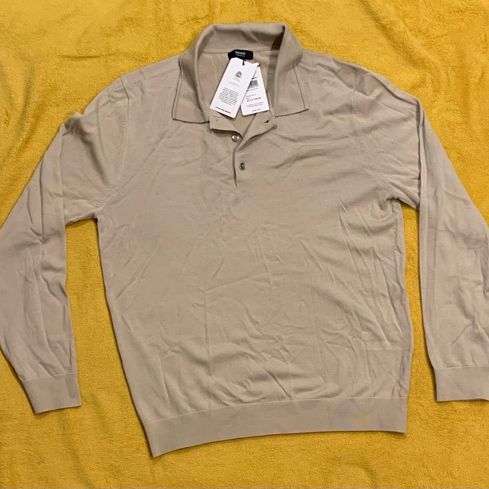 New Reiss Washed Stone long sleeve Polo Shirt Mens size Large. Merino wool